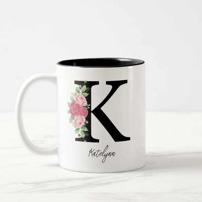 Elegant Floral Personalized Monogram Coffee Mug K (Left)