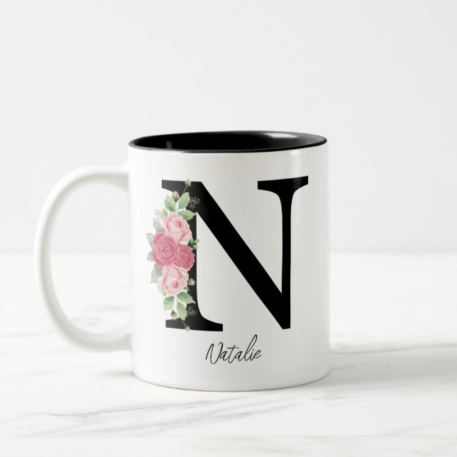 Elegant Floral Personalized Monogram Coffee Mug N (Left)