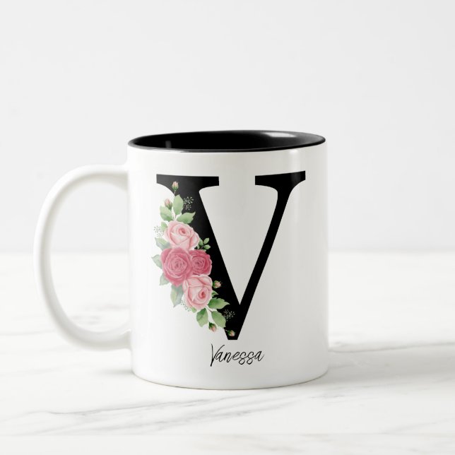 Elegant Floral Personalized Monogram Coffee Mug V (Left)