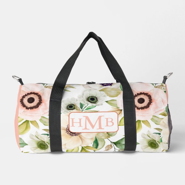 Elegant Floral Personalized Monogram Pink Custom Duffle Bag (Front)
