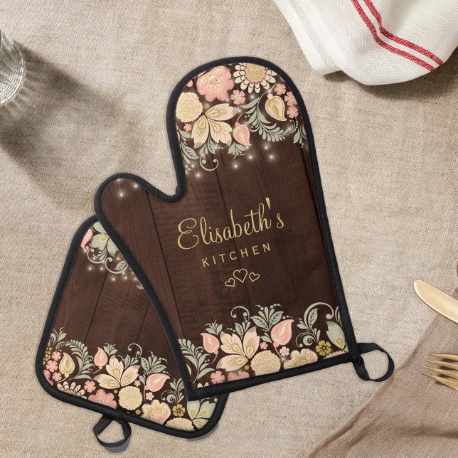 Elegant floral personalized oven mitt & pot holder set (Creator Uploaded)