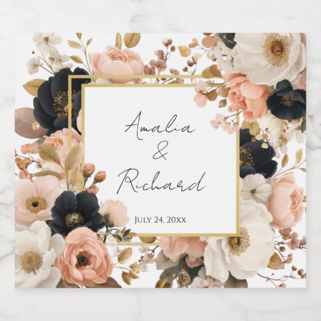 Elegant Floral Personalized Wedding Bottle Labels (Single Label)