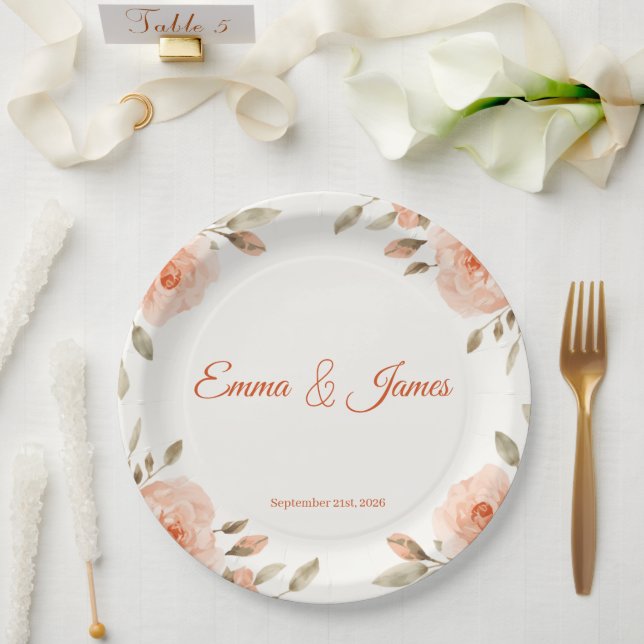 Elegant Floral Personalized Wedding Paper Plates (Wedding)