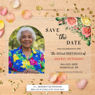 Elegant Floral Photo 102nd Birthday Save the Date Acrylic Invitations