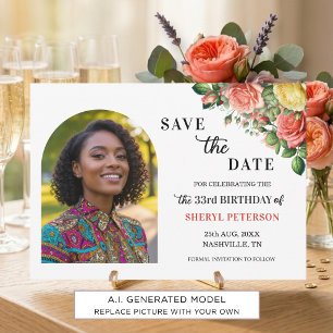 Elegant Floral Photo 33rd Birthday Party Save The Date