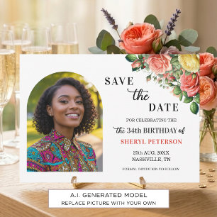 Elegant Floral Photo 34th Birthday Party Save The Date