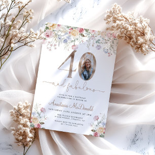 Elegant Floral Photo 40th Birthday Invitation