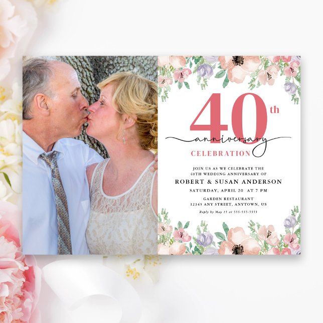 Elegant Floral Photo 40th Wedding Anniversary Invitation (Creator Uploaded)