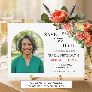 Elegant Floral Photo 61st Birthday Party Save The Date
