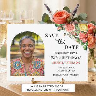 Elegant Floral Photo 74th Birthday Party Save The Date