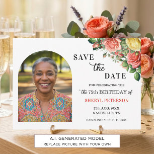 Elegant Floral Photo 75th Birthday Party Save The Date