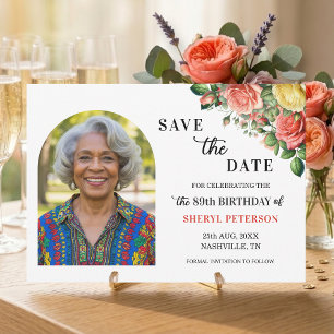 Elegant Floral Photo 89th Birthday Party  Save The Date