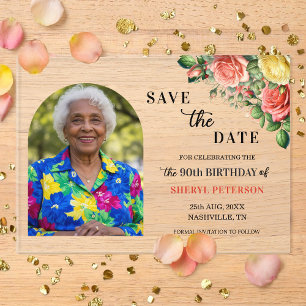 Elegant Floral Photo 90th Birthday Save the Date Acrylic Invitations
