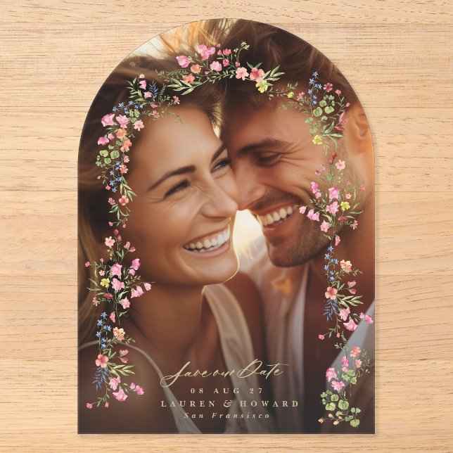 elegant floral photo arch save the date wedding acrylic invitations (Front)