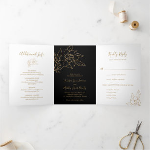 Elegant Floral Photo Black Gold All In One Wedding Tri-Fold Invitation