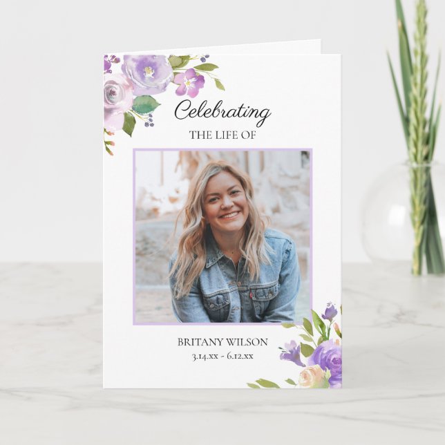 Elegant Floral Photo Funeral Memorial Program (Front)