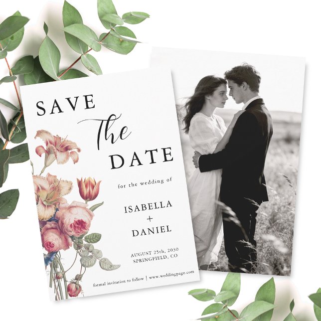 Elegant Floral Photo Wedding Save The Date (The front and back of the invitation shown in a 5x7-inch size. Choose size, paper, and corner style.)