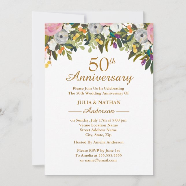 Elegant Floral Pink 50th Wedding Anniversary Invitation (Front)