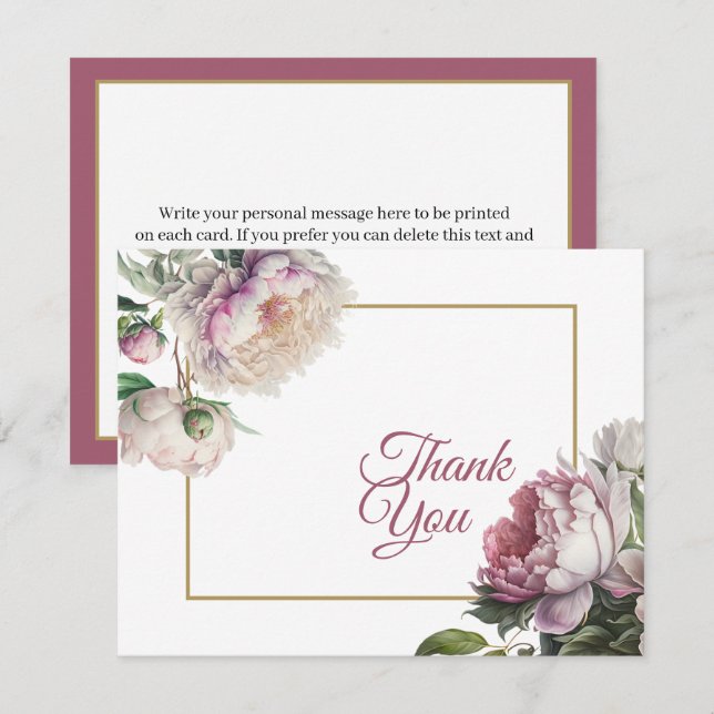 Elegant Floral Pink and White Peonies  Thank You Card (Front/Back)