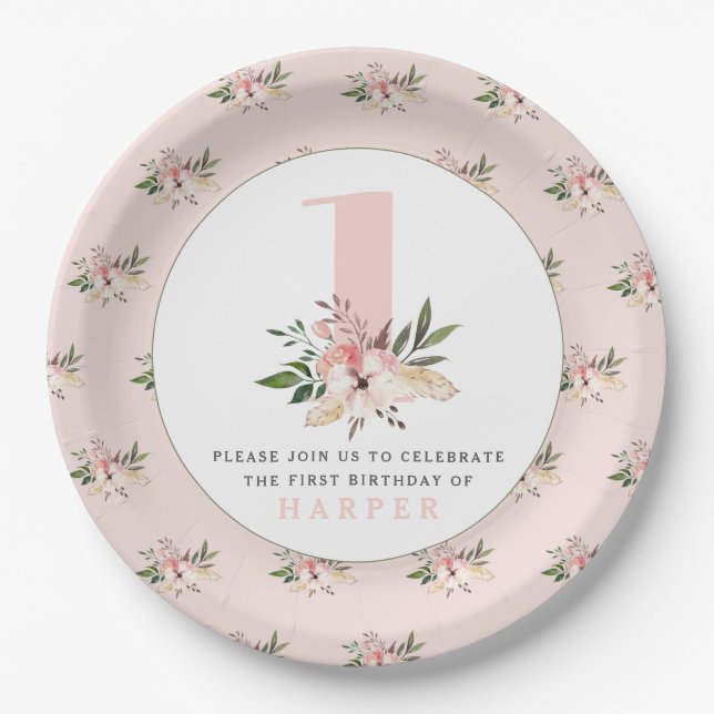 Elegant floral pink birthday party paper plates. paper plate (Front)