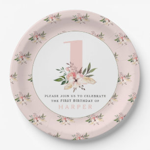 Elegant floral pink birthday party paper plates. plate