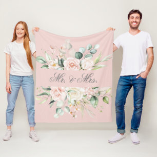 Elegant Floral Pink Blush Watercolor Mr. & Mrs. F Fleece Blanket