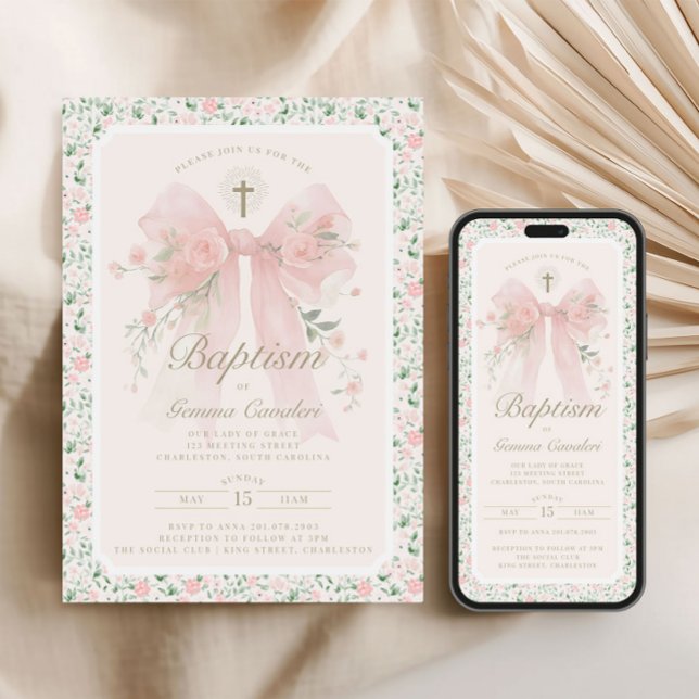 Elegant Floral Pink Bow Baptism Invitation (Créateur téléchargé)