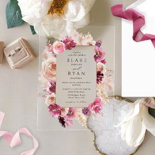 Elegant Floral Pink, Burgundy, Champagne Wedding Acrylic Invitations