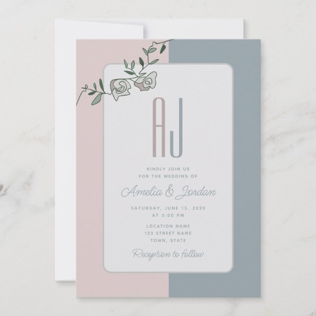 Elegant Floral Pink Dusty Blue Wedding Invite (Front)