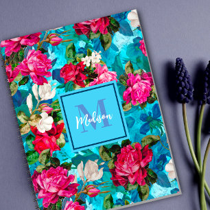 Elegant floral pink flowers blue pattern notebook