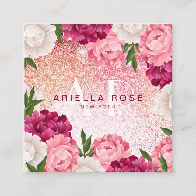 Elegant Floral Pink Glitter Square Business Card (Front)