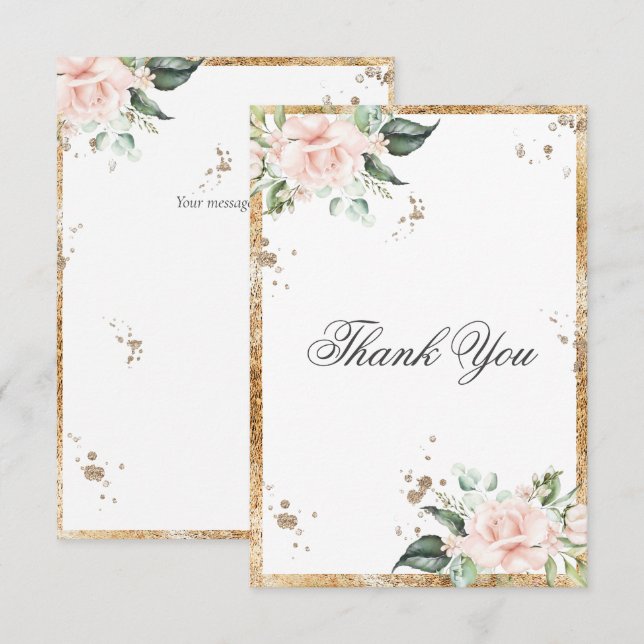 Elegant Floral Pink Gold Script Wedding Thank You Card (Front/Back)
