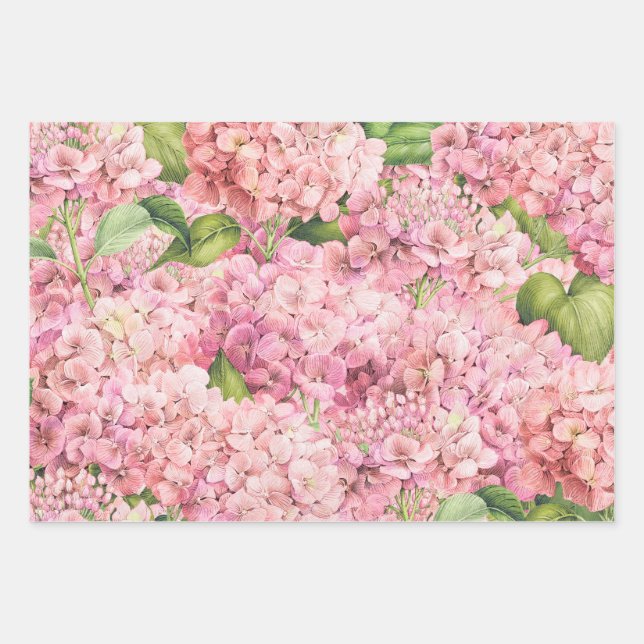 Elegant Floral Pink Hydrangea Pattern Wrapping Paper Sheet (Front)