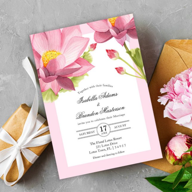 Elegant Floral  Pink Lotus Wedding Invitation (Creator Uploaded)