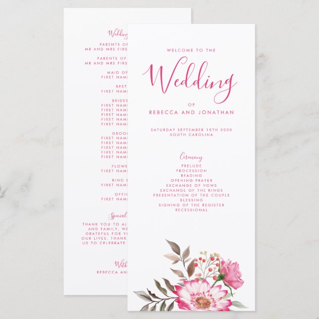 Elegant Floral Pink Minimal Wedding Program (Front/Back)