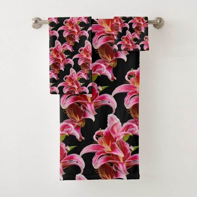 Elegant Floral Pink Oriental Lilies Bath Towel Set (Insitu)