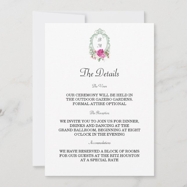 Elegant Floral Pink Peony Monogram Wedding Invitation (Front)