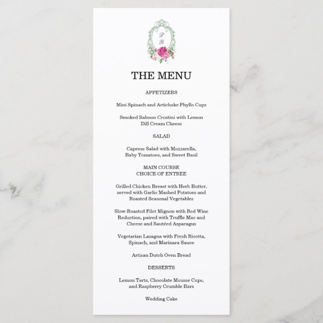 Elegant Floral Pink Peony Monogram Wedding Menu (Front)