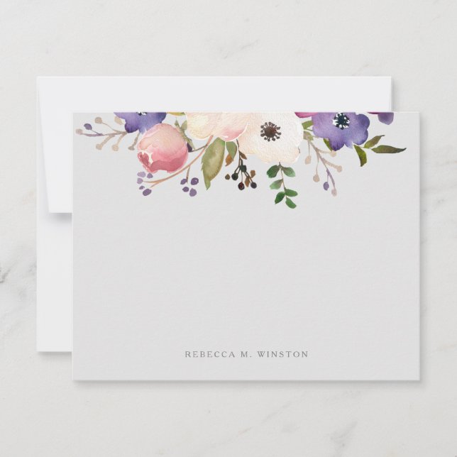 Elegant Floral Pink Purple Personalized Stationery Card (Front)
