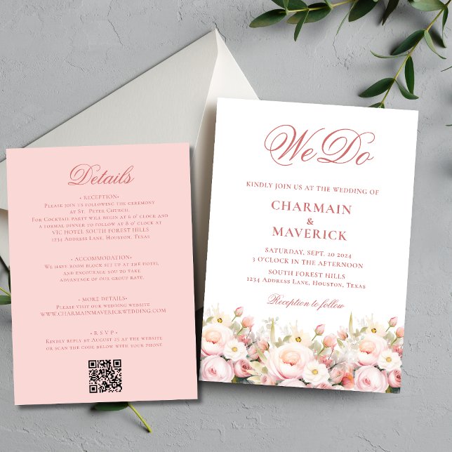 Elegant Floral Pink QR code Budget Wedding Invitation (Creator Uploaded)