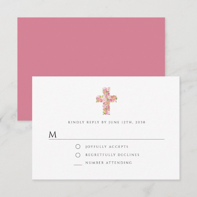 Elegant Floral Pink Religious Cross Girl Baptism RSVP Card (Front/Back)