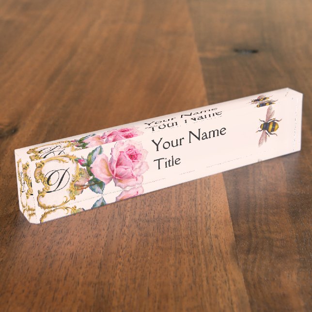 ELEGANT FLORAL, PINK ROSE AND HONEY BEE  MONOGRAM NAMEPLATE (Side)
