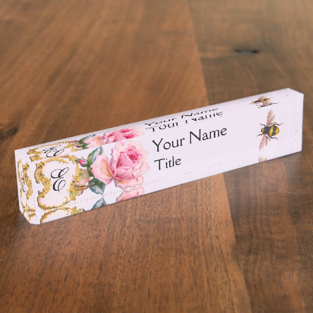 ELEGANT FLORAL,PINK ROSE ,HONEY BEE MONOGRAM Lilac Nameplate (Side)
