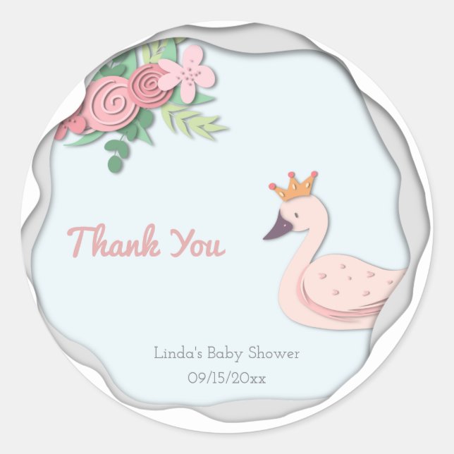 Elegant Floral Pink Swan with Crown Thank You Classic Round Sticker (Front)