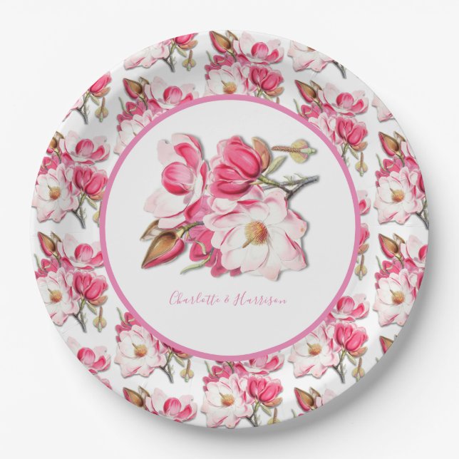 Elegant Floral Pink Watercolor Magnolia  Wedding Paper Plate (Front)