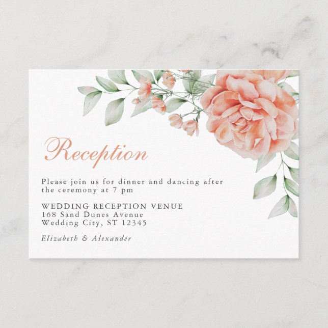 Elegant Floral Pink Watercolor Wedding Reception Enclosure Card (Front)