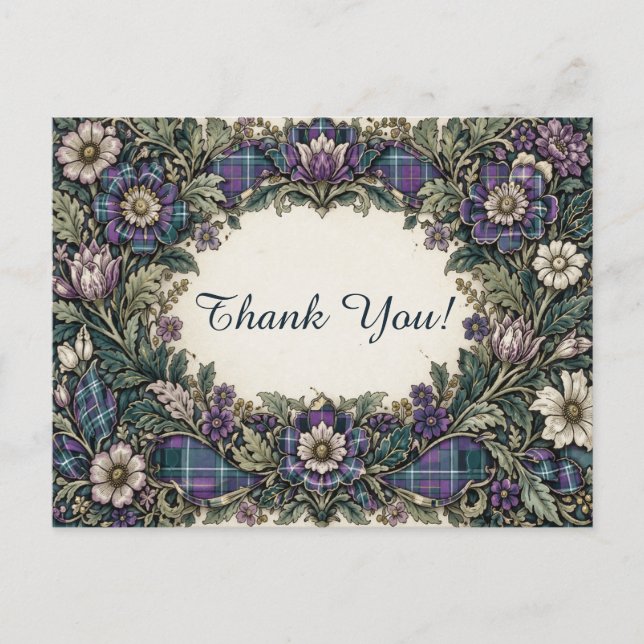 Elegant Floral Plaid Thank You Postcard (Front)