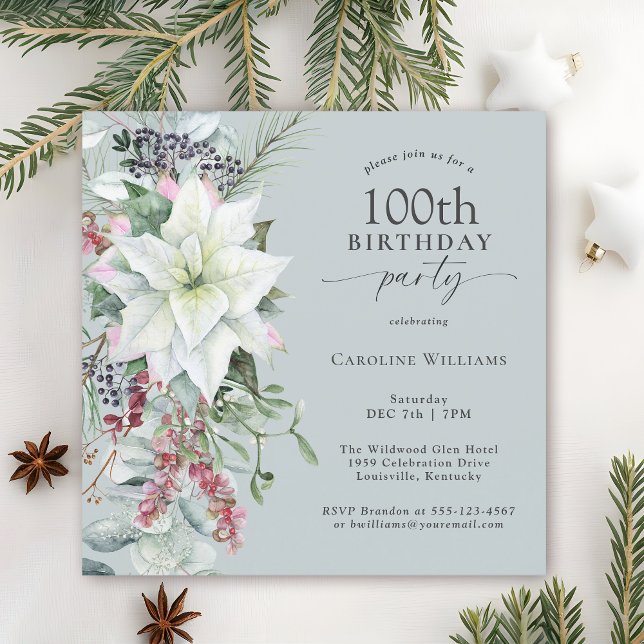 Elegant Floral Poinsettia December 100th Birthday Invitation (Available in both printed and instant download paperless formats.)