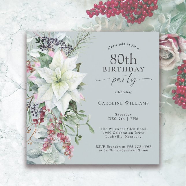 Elegant Floral Poinsettia December 80th Birthday Invitation (Available in both printed and instant download digital formats.)