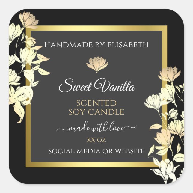 Elegant Floral Product Packaging Labels Black Gold (Front)